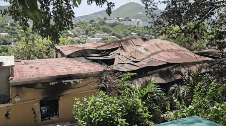 The Blackbeard's Castle apartment complex in downtown St. Thomas was destroyed by a fire early Wednesday. (Source photo by Finn Sharpless)